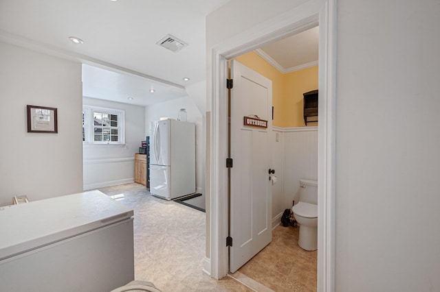 bathroom with toilet, ornamental molding, visible vents, tile patterned floors, and recessed lighting
