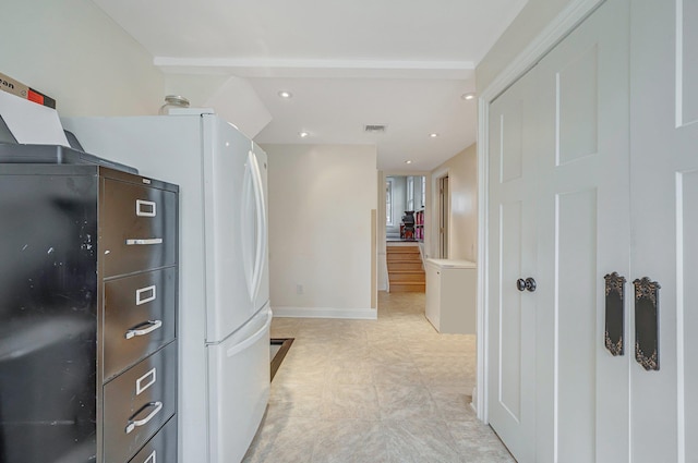 kitchen with freestanding refrigerator, baseboards, visible vents, and recessed lighting