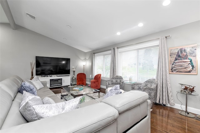 living room with lofted ceiling, baseboards, wood finished floors, and recessed lighting