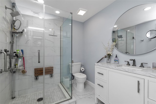 bathroom with marble finish flooring, toilet, vanity, a shower stall, and recessed lighting