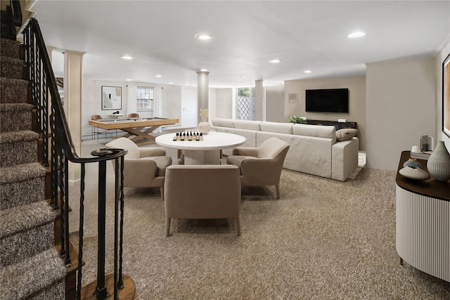 216 Maple Ave, Monroe, NY 10950 - living area with ornate columns, stairs, carpet, and recessed lighting