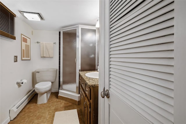 216 Maple Ave, Monroe, NY 10950 - full bath with a baseboard heating unit, toilet, vanity, a shower stall, and baseboards