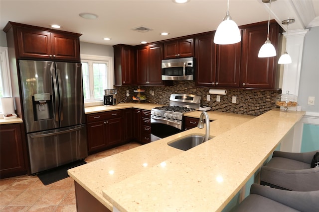 125 Kings Hwy, Congers, NY 10920 - kitchen with appliances with stainless steel finishes, a sink, a peninsula, backsplash, and recessed lighting
