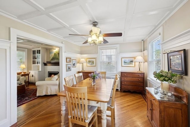dining space with coffered ceiling, ceiling fan, a fireplace, light wood-type flooring, and beam ceiling