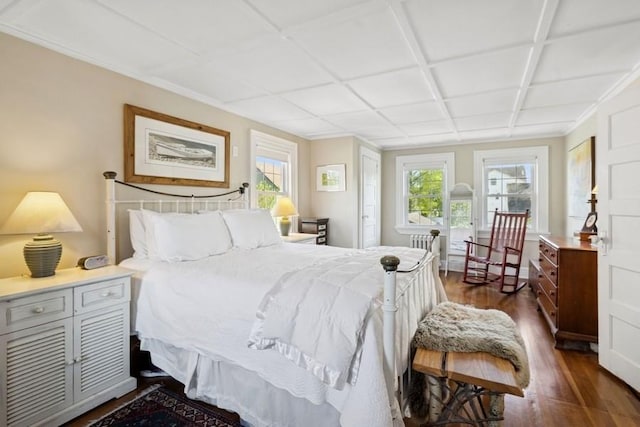 bedroom featuring dark wood-style floors and radiator heating unit