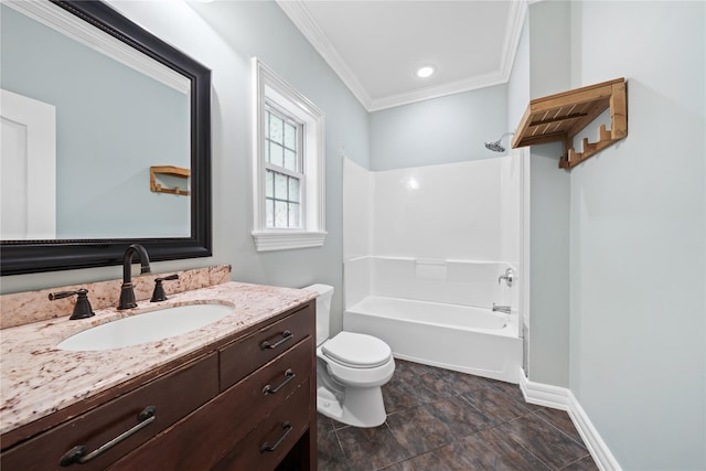 bathroom featuring toilet, shower / bath combination, crown molding, vanity, and baseboards