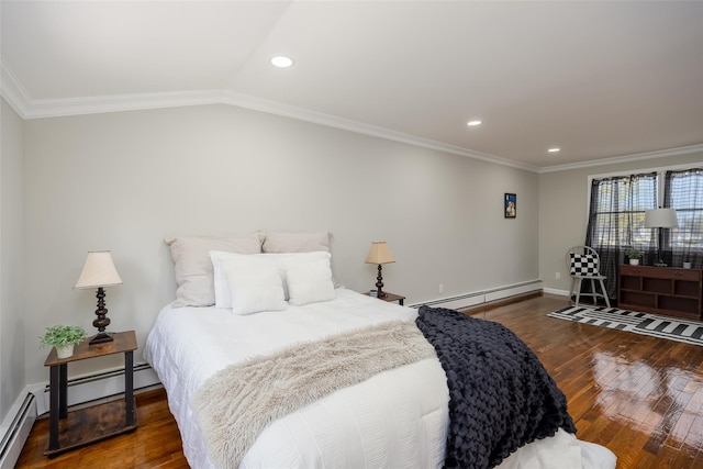 bedroom with a baseboard radiator, crown molding, wood finished floors, recessed lighting, and baseboards
