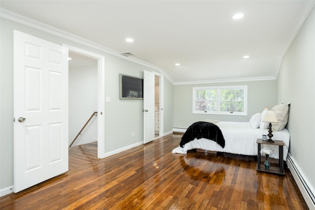 bedroom with a baseboard radiator, wood-type flooring, baseboards, recessed lighting, and crown molding