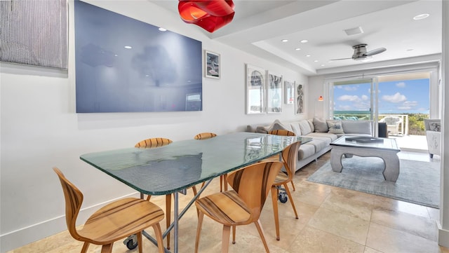 575 Dune Rd Unit 36And 37, Westhampton Beach, NY 11978 - dining space featuring a ceiling fan, recessed lighting, and a raised ceiling