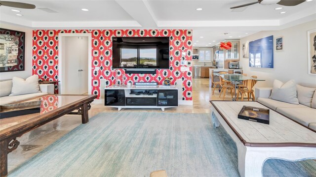 575 Dune Rd Unit 36And 37, Westhampton Beach, NY 11978 - living area featuring a ceiling fan, a tray ceiling, and recessed lighting