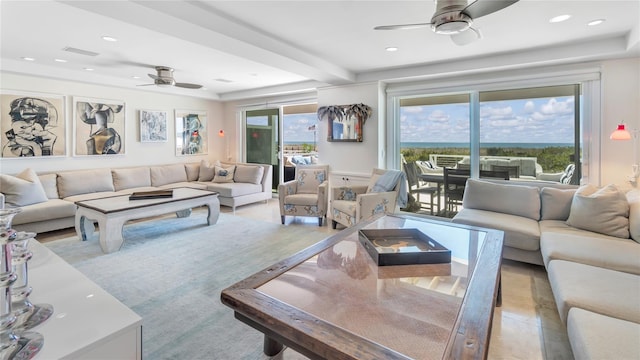 575 Dune Rd Unit 36And 37, Westhampton Beach, NY 11978 - living area featuring a ceiling fan and recessed lighting