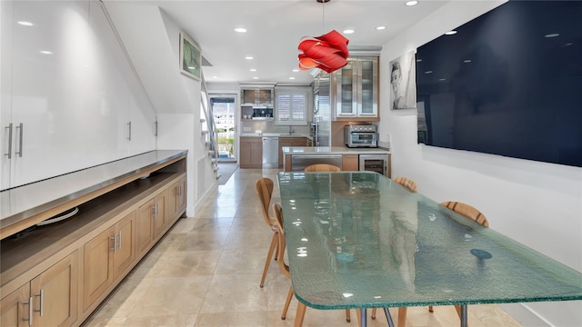 575 Dune Rd Unit 36And 37, Westhampton Beach, NY 11978 - dining space featuring beverage cooler, recessed lighting, and light tile patterned flooring