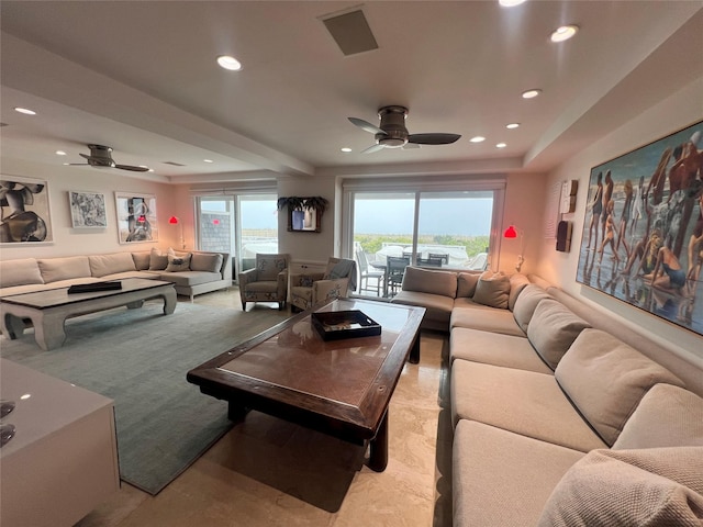 575 Dune Rd Unit 36And 37, Westhampton Beach, NY 11978 - living room with a ceiling fan, recessed lighting, and a tray ceiling