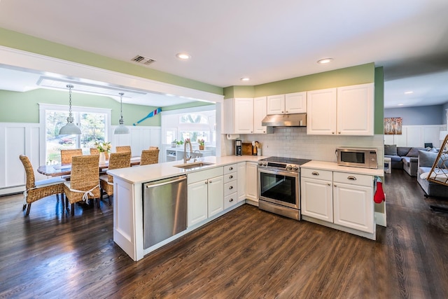 60 Bayview Dr, Huntington, NY 11743 - kitchen with under cabinet range hood, dark wood-style flooring, visible vents, a sink, and appliances with stainless steel finishes