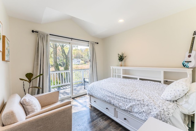 60 Bayview Dr, Huntington, NY 11743 - bedroom featuring lofted ceiling, access to outside, recessed lighting, and dark wood-type flooring