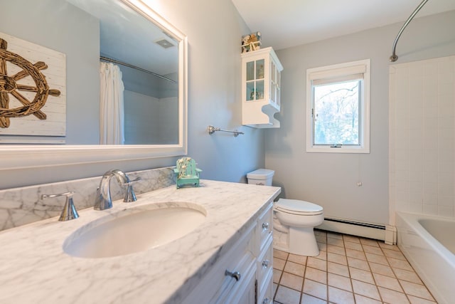60 Bayview Dr, Huntington, NY 11743 - full bathroom with a baseboard heating unit, toilet, visible vents, tile patterned floors, and vanity