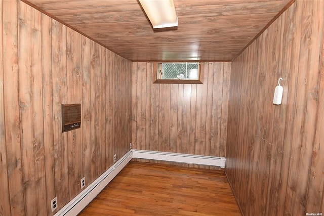 below grade area with wooden ceiling, wooden walls, and wood finished floors