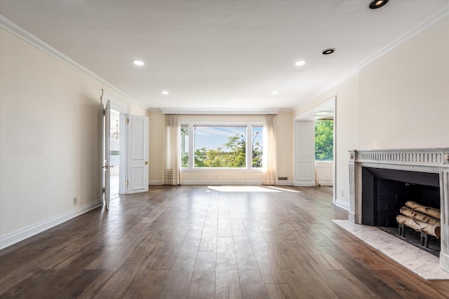 22 Shorecliff Pl, Great Neck, NY 11023 - unfurnished living room featuring a wealth of natural light, ornamental molding, dark wood finished floors, and a fireplace with flush hearth