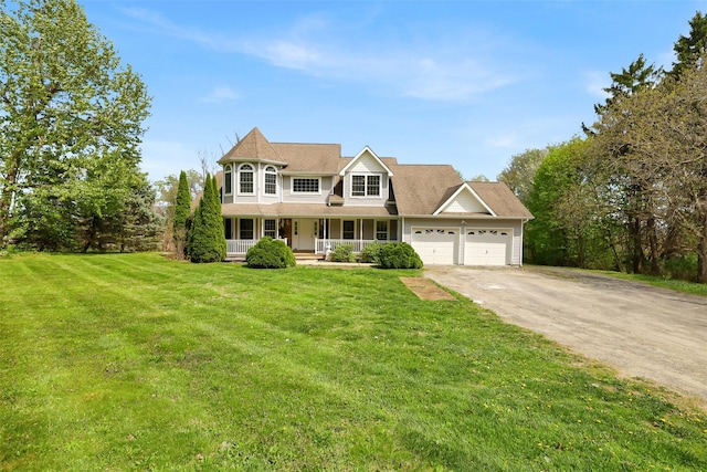 14 Clarks Ln, Milton, NY 12547 - victorian house featuring covered porch, dirt driveway, a garage, and a front lawn