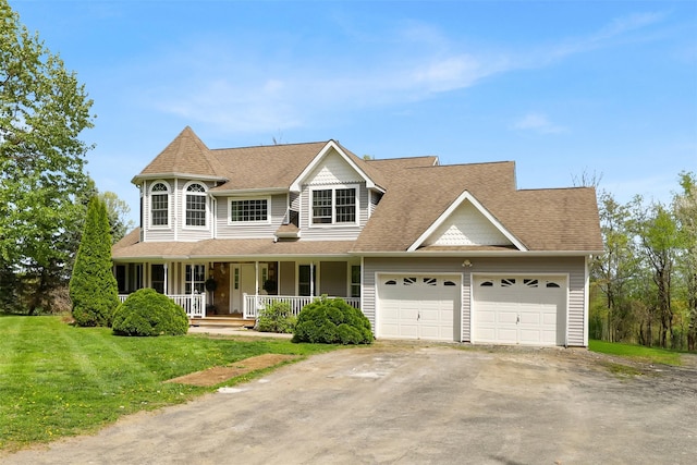 14 Clarks Ln, Milton, NY 12547 - victorian home featuring a porch, an attached garage, driveway, a front lawn, and roof with shingles