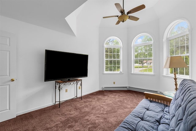 14 Clarks Ln, Milton, NY 12547 - carpeted living room featuring healthy amount of natural light, ceiling fan, baseboards, vaulted ceiling, and a baseboard radiator