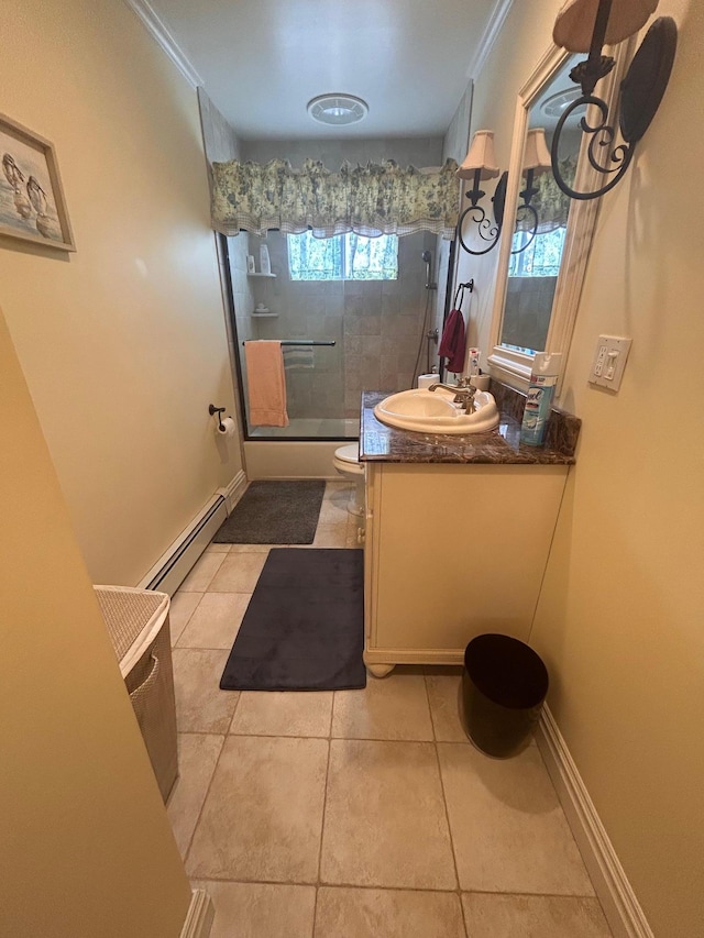 36 Shore Dr W, Copiague, NY 11726 - full bath with an enclosed shower, toilet, tile patterned floors, baseboard heating, and vanity