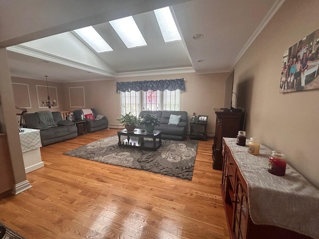 36 Shore Dr W, Copiague, NY 11726 - living room featuring ornamental molding, light wood-style flooring, and vaulted ceiling