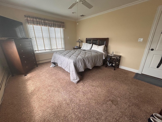 36 Shore Dr W, Copiague, NY 11726 - bedroom featuring carpet, visible vents, baseboards, a baseboard heating unit, and ornamental molding