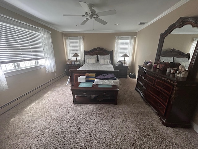 36 Shore Dr W, Copiague, NY 11726 - carpeted bedroom featuring multiple windows, ornamental molding, ceiling fan, and visible vents