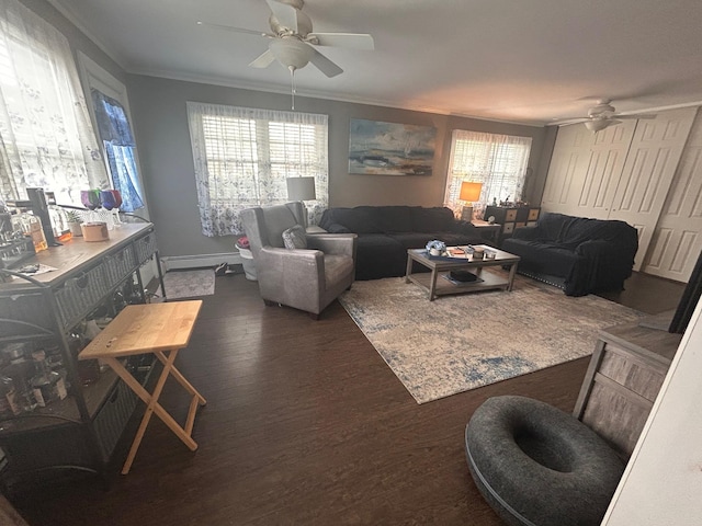 36 Shore Dr W, Copiague, NY 11726 - living area featuring crown molding, baseboards, wood finished floors, and a ceiling fan