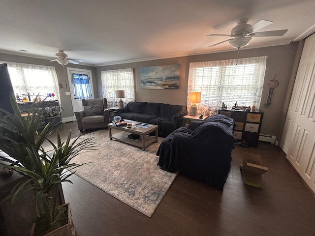 36 Shore Dr W, Copiague, NY 11726 - living area featuring crown molding, wood finished floors, a baseboard radiator, and ceiling fan