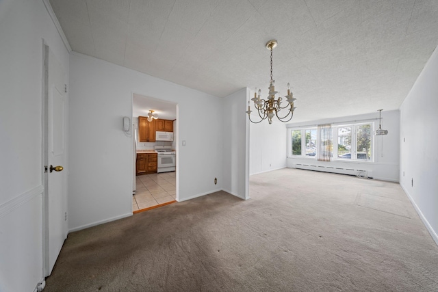9702 159th Ave, Howard Beach, NY 11414 - empty room featuring baseboard heating, a chandelier, light colored carpet, and baseboards
