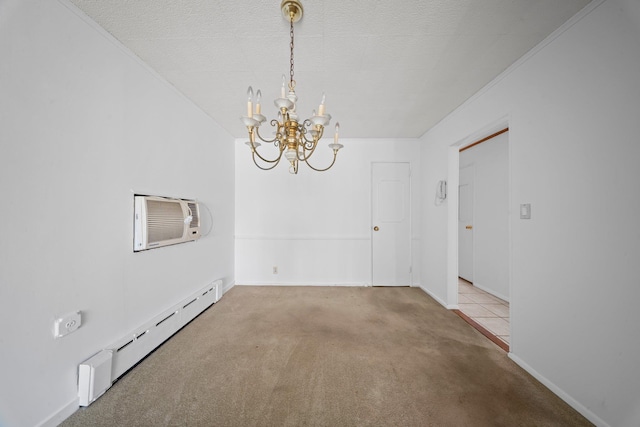9702 159th Ave, Howard Beach, NY 11414 - empty room featuring a baseboard radiator, carpet, a chandelier, baseboards, and an AC wall unit