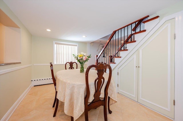 dining room with stairway, recessed lighting, light tile patterned floors, and a baseboard heating unit