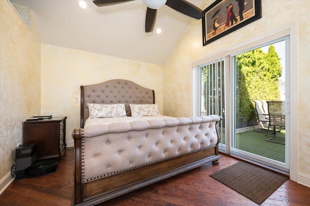 bedroom featuring lofted ceiling, wood finished floors, recessed lighting, baseboards, and access to exterior