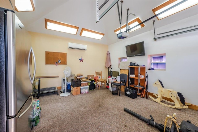 garage with freestanding refrigerator, a wall mounted air conditioner, and a garage door opener