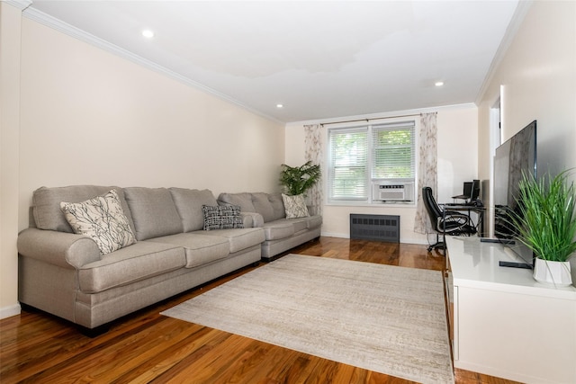 90 Union St Unit 1A, New Rochelle, NY 10801 - living area with radiator heating unit, ornamental molding, wood finished floors, baseboards, and recessed lighting