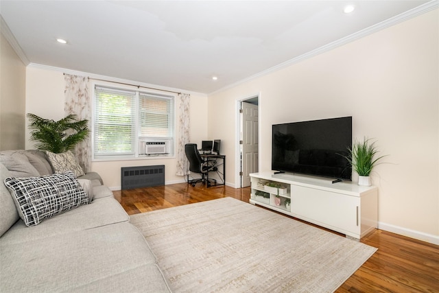 90 Union St Unit 1A, New Rochelle, NY 10801 - living room with radiator, ornamental molding, wood finished floors, cooling unit, and baseboards