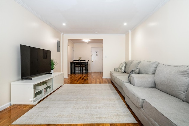 90 Union St Unit 1A, New Rochelle, NY 10801 - living room with wood finished floors, crown molding, baseboards, and recessed lighting
