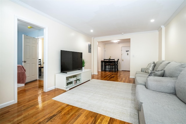90 Union St Unit 1A, New Rochelle, NY 10801 - living room featuring wood finished floors, crown molding, recessed lighting, baseboards, and electric panel