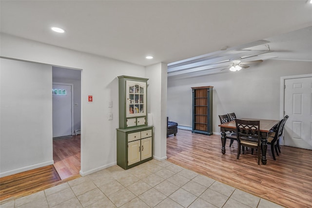 1564 Illinois Ave, Bay Shore, NY 11706 - dining space featuring light wood-type flooring, ceiling fan, recessed lighting, baseboards, and baseboard heating