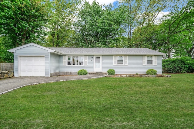 1564 Illinois Ave, Bay Shore, NY 11706 - ranch-style home with an attached garage, asphalt driveway, a shingled roof, and view of scattered trees