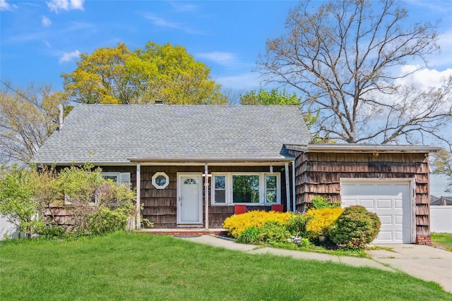 single story home featuring a garage, a front lawn, a shingled roof, and concrete driveway