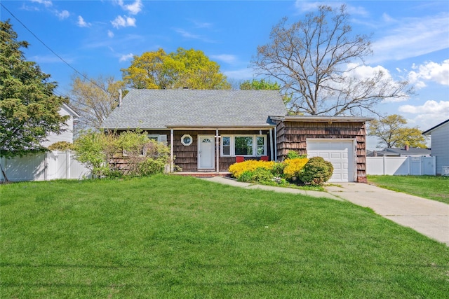 ranch-style home with a garage, driveway, and a shingled roof