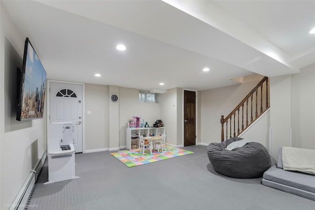recreation room with baseboards, carpet flooring, a baseboard radiator, and recessed lighting