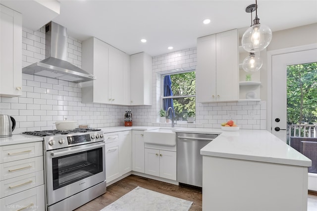 kitchen featuring a wealth of natural light, a sink, a peninsula, wall chimney exhaust hood, and appliances with stainless steel finishes
