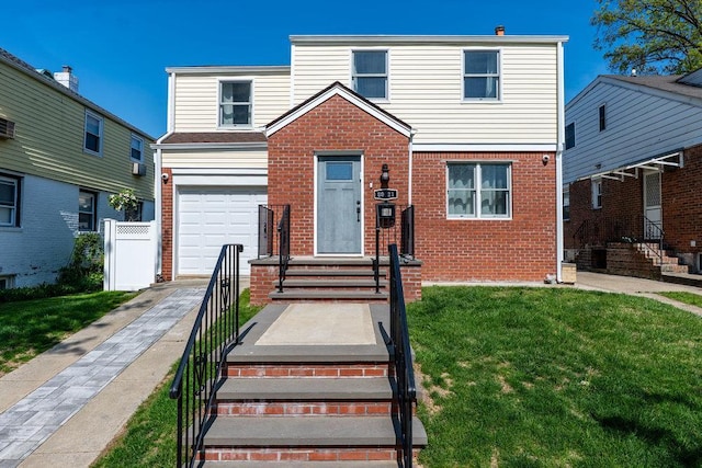 80-21 209th St, Hollis Hills, NY 11427 - traditional home featuring fence, an attached garage, brick siding, and a front yard