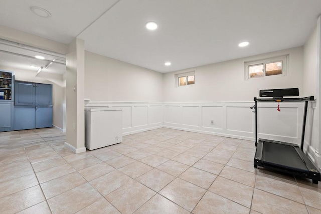 80-21 209th St, Hollis Hills, NY 11427 - workout area with a wainscoted wall, a decorative wall, light tile patterned flooring, and recessed lighting