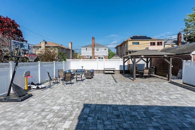80-21 209th St, Hollis Hills, NY 11427 - view of patio / terrace with a fenced backyard, a gazebo, an outdoor hangout area, and outdoor dining area