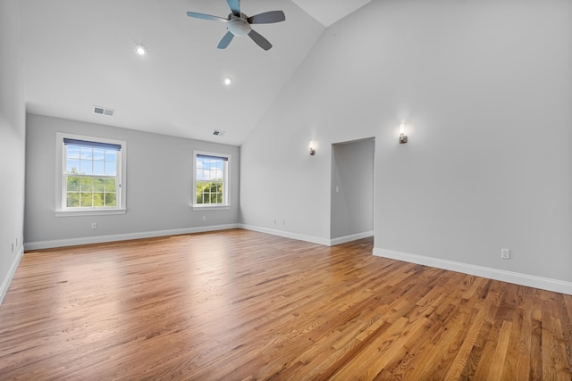 37 Shallow Stream Rd, Carmel, NY 10512 - spare room with ceiling fan, high vaulted ceiling, light wood-style flooring, and baseboards